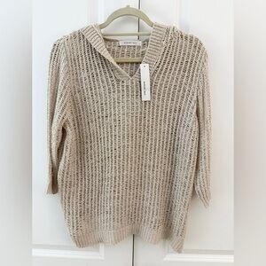 NWT August Silk Women's Cream V-Neck Crochet Open Knit Hooded Beige-Tan Sweater!